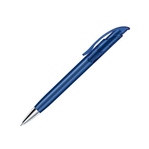 Dark blue plastic ballpoint pen with metal elements and clip.