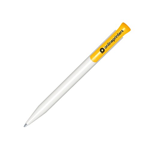 White/yellow plastic ballpoint pen with push mechanism.