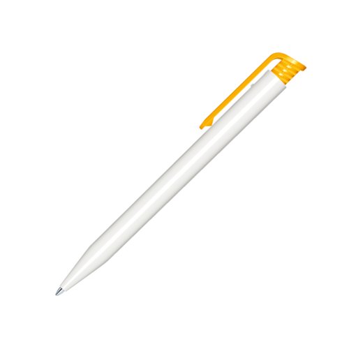 White plastic ballpoint pen with yellow clip and push mechanism.