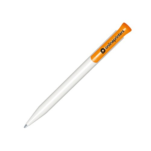White/Orange plastic ballpoint pen with push mechanism.