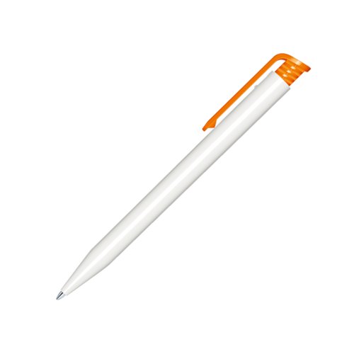 White plastic ballpoint pen with orange clip and push mechanism.