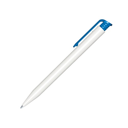 White plastic ballpoint pen with blue accents and push mechanism.