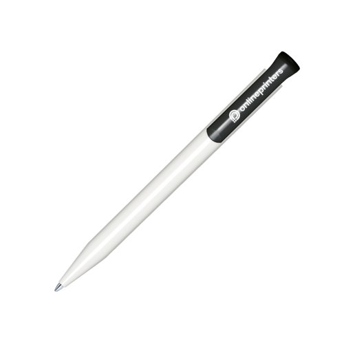 White plastic ballpoint pen with polished finish and push button.