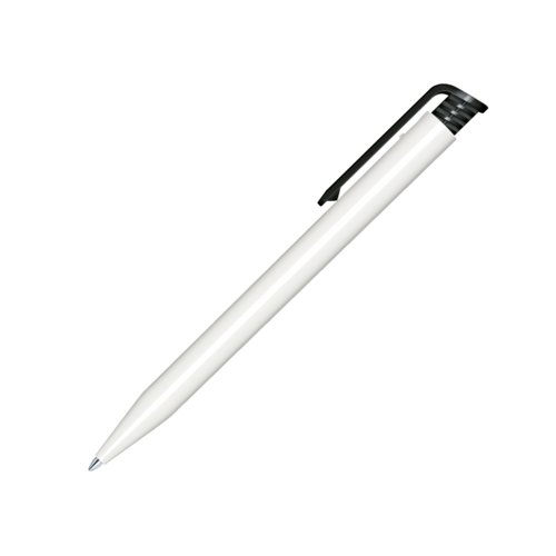 White plastic ballpoint pen with clip and push mechanism.