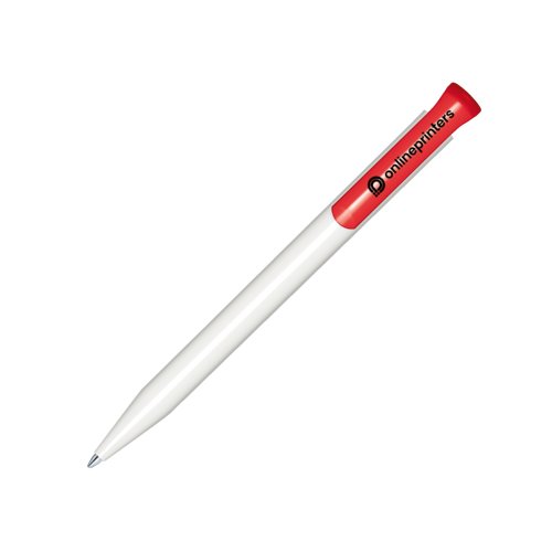 White and red ballpoint pen with clip and push mechanism.