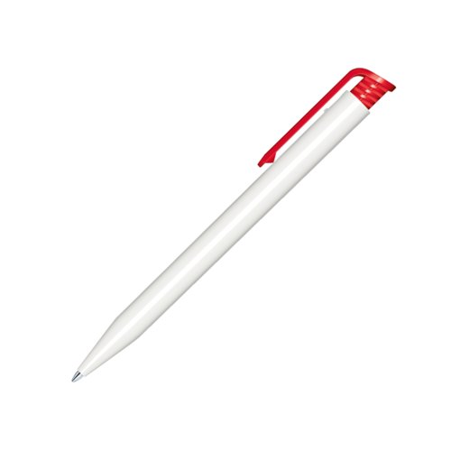 White plastic ballpoint pen with red clip and push mechanism.