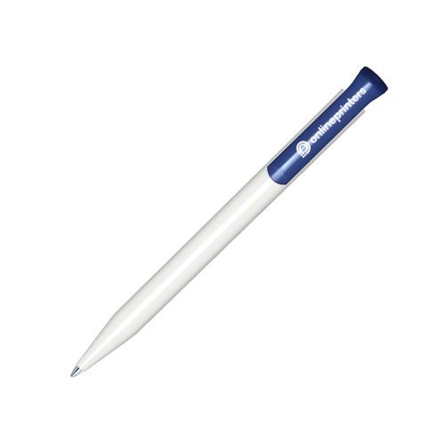 White plastic ballpoint pen with navy detail and push mechanism.