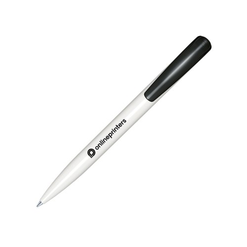 White plastic ballpoint pen with polished finish and push-button mechanism.