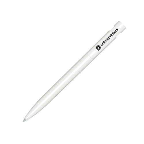 White plastic ballpoint pen with polished finish and push mechanism.