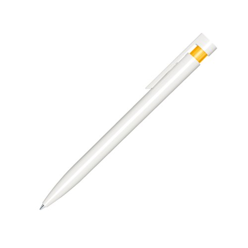 Yellow plastic ballpoint pen with polished finish and clip.