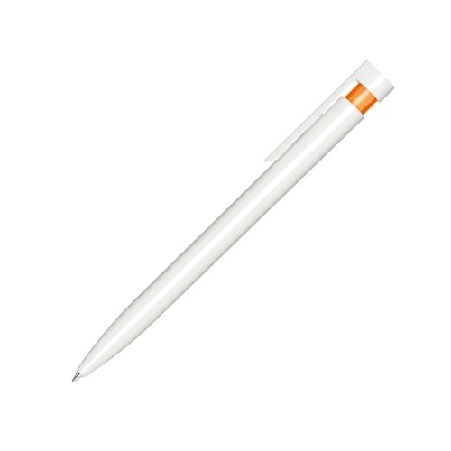 Orange plastic ballpoint pen with polished finish and clip.