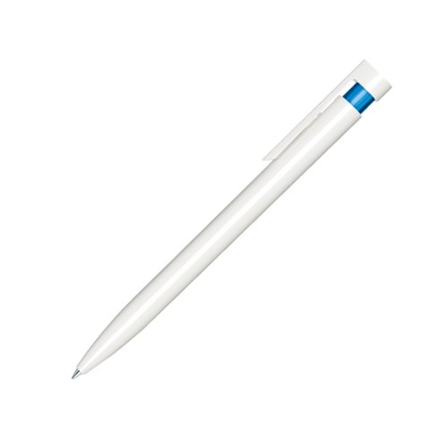 Blue plastic ballpoint pen with polished finish and clip.