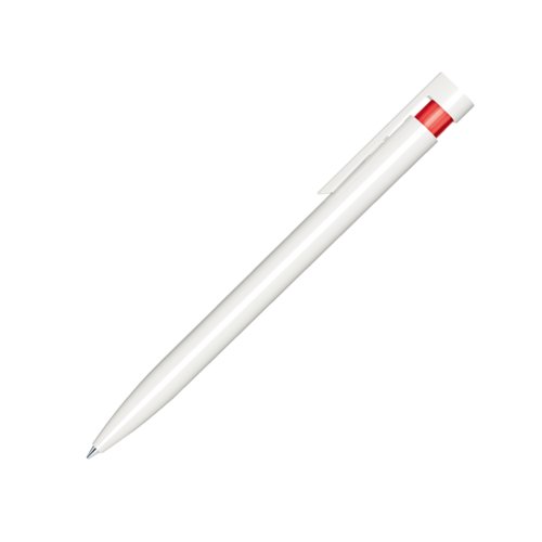 Red plastic ballpoint pen with clip and push mechanism.