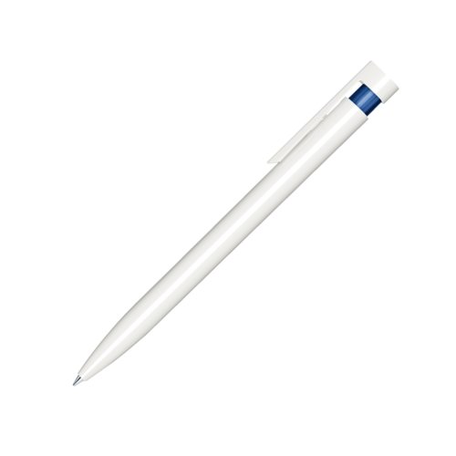 Dark blue plastic ballpoint pen with clip and push mechanism.