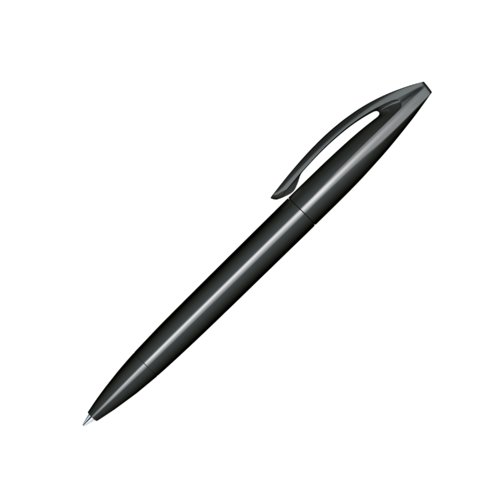 Black ballpoint pen with polished finish, clip, and twist mechanism.