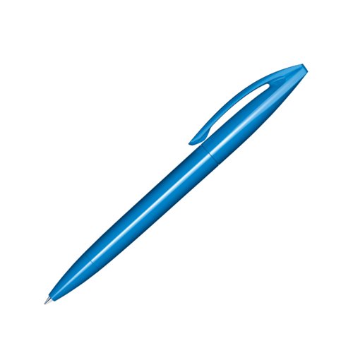 Blue plastic ballpoint pen with polished finish and clip.