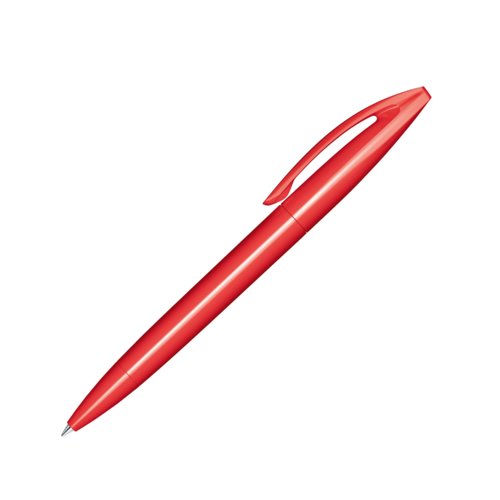 Red plastic ballpoint pen with polished finish and twist mechanism.