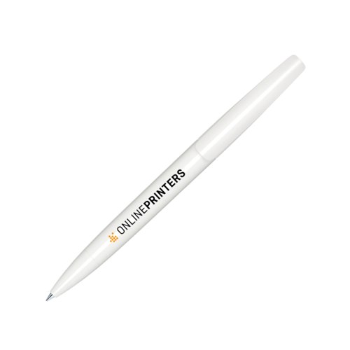 White plastic ballpoint pen with twist mechanism.