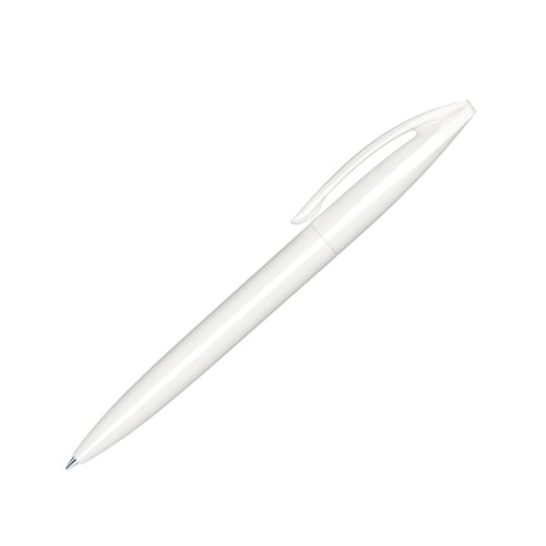 White ballpoint pen with twist mechanism and clip.