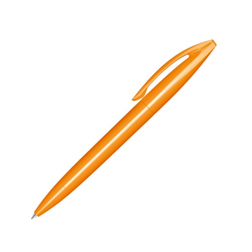 Orange plastic ballpoint pen with clip and twist mechanism.