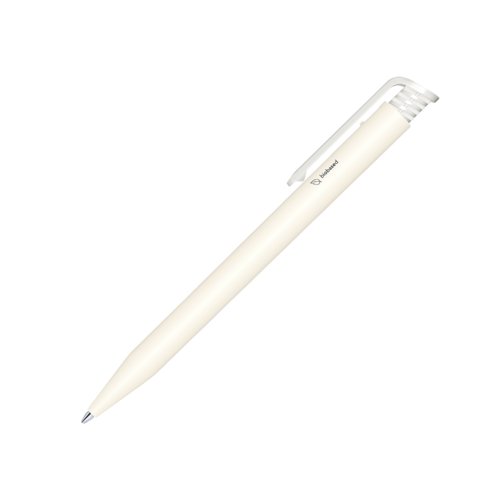 White bioplastic ballpoint pen with clip and push mechanism.