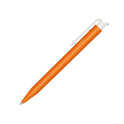 Orange bioplastic ballpoint pen with clip and push mechanism.
