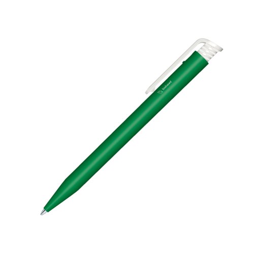 Green bioplastic ballpoint pen with clip and push button.