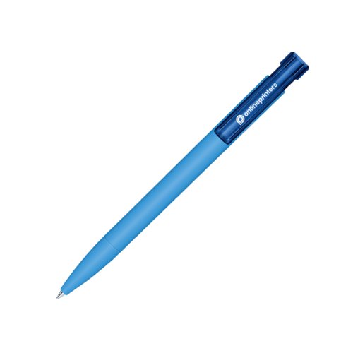 Blue bio plastic ballpoint pen with push mechanism.