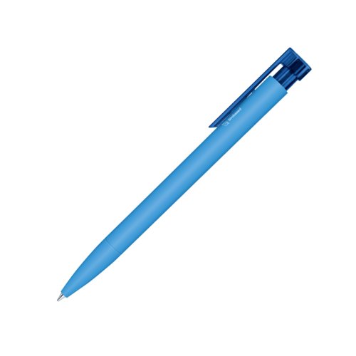 Blue bioplastic ballpoint pen with clip and push mechanism.