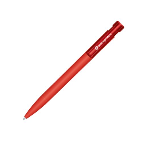 Red bio ballpoint pen with push mechanism and clip.