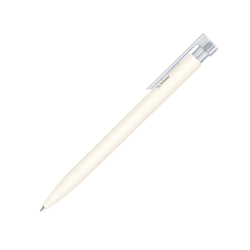 White bio-plastic ballpoint pen with transparent clip and push mechanism.