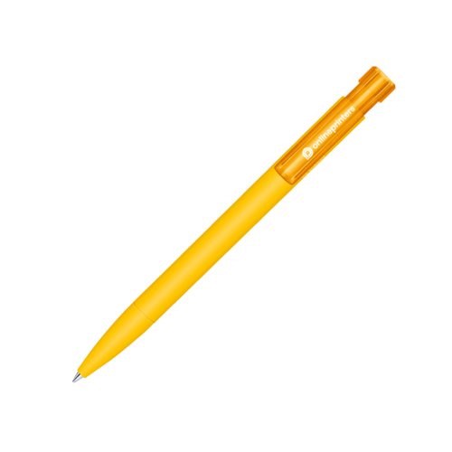 Yellow bio-plastic click pen with clip and push mechanism.