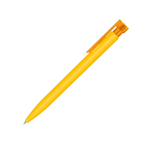 Yellow bio ballpoint pen with clip and push mechanism.