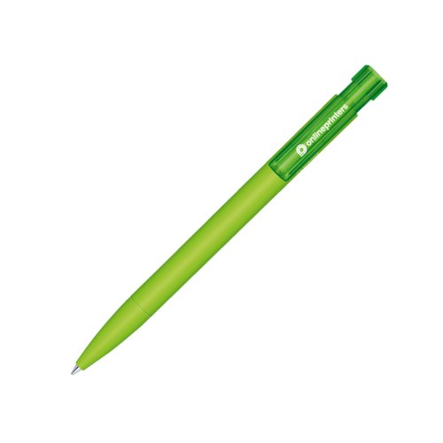 Green bio ballpoint pen with push mechanism and clip.