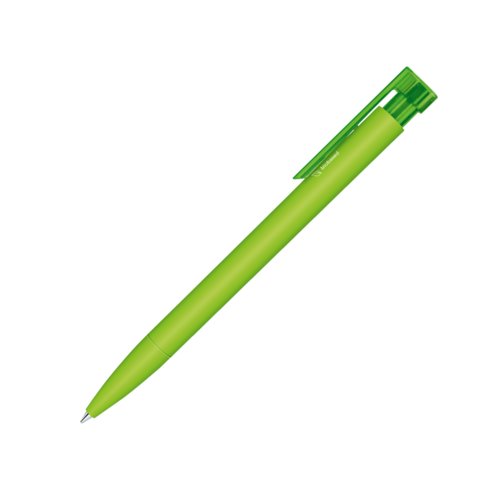Green bio-plastic ballpoint pen with clip and push button.