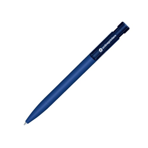 Dark blue bioplastic ballpoint pen with push button.