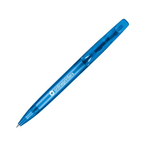 Blue plastic twist ballpoint pen with pattern.