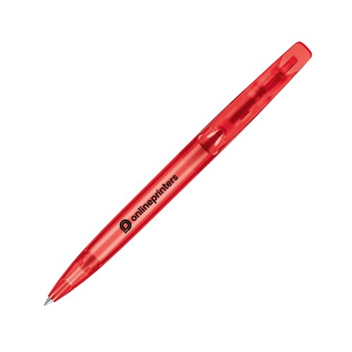 Red plastic twist ballpoint pen with transparent barrel.