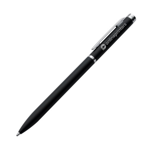 Black metal ballpoint pen with clip and twist mechanism.