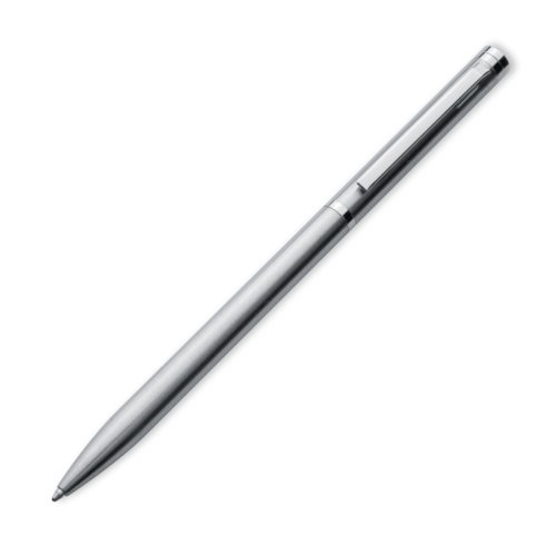 Gray metal ballpoint pen with pattern and clip.