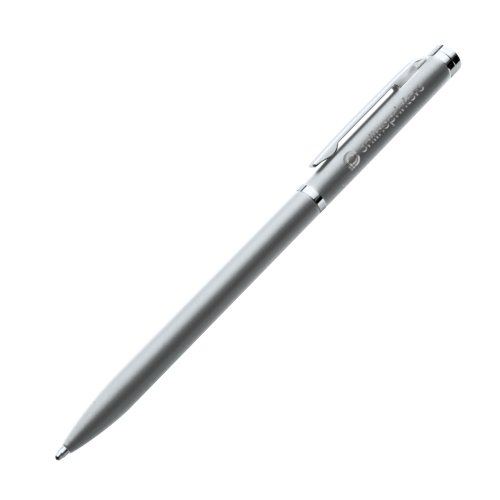 Gray metal ballpoint pen with clip and pattern.