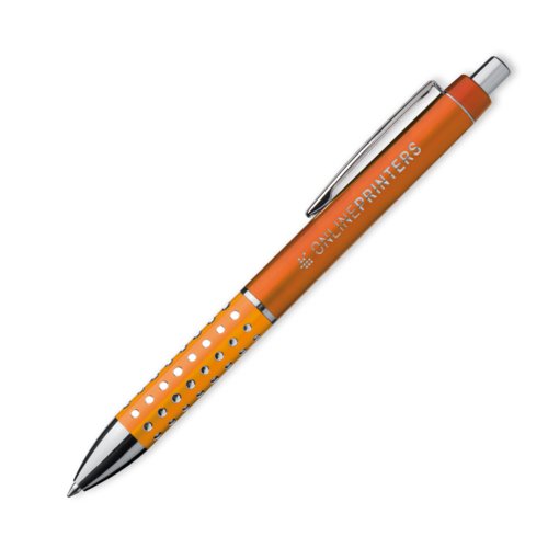 Orange ballpoint pen with clip and push button.