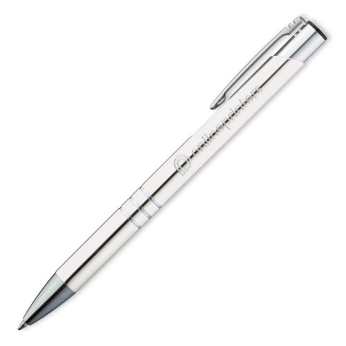 White metal ballpoint pen with clip and push mechanism.