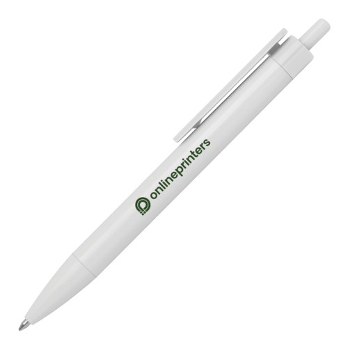 White ballpoint pen with clip and push mechanism.