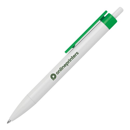 White plastic ballpoint pen with clip and push mechanism.