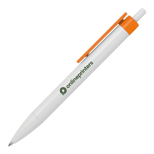 Orange plastic ballpoint pen with clip and push mechanism.