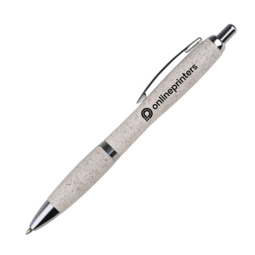 Beige wheat straw ballpoint pen with clip and push button.