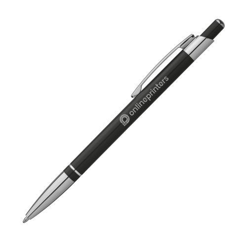 Black metal ballpoint pen with clip and push mechanism.