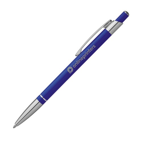 Blue metal ballpoint pen with clip and push button.