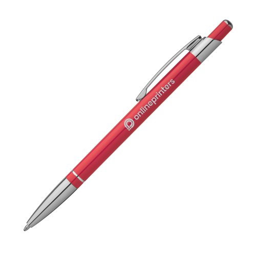 Red metal ballpoint pen with clip and push button.